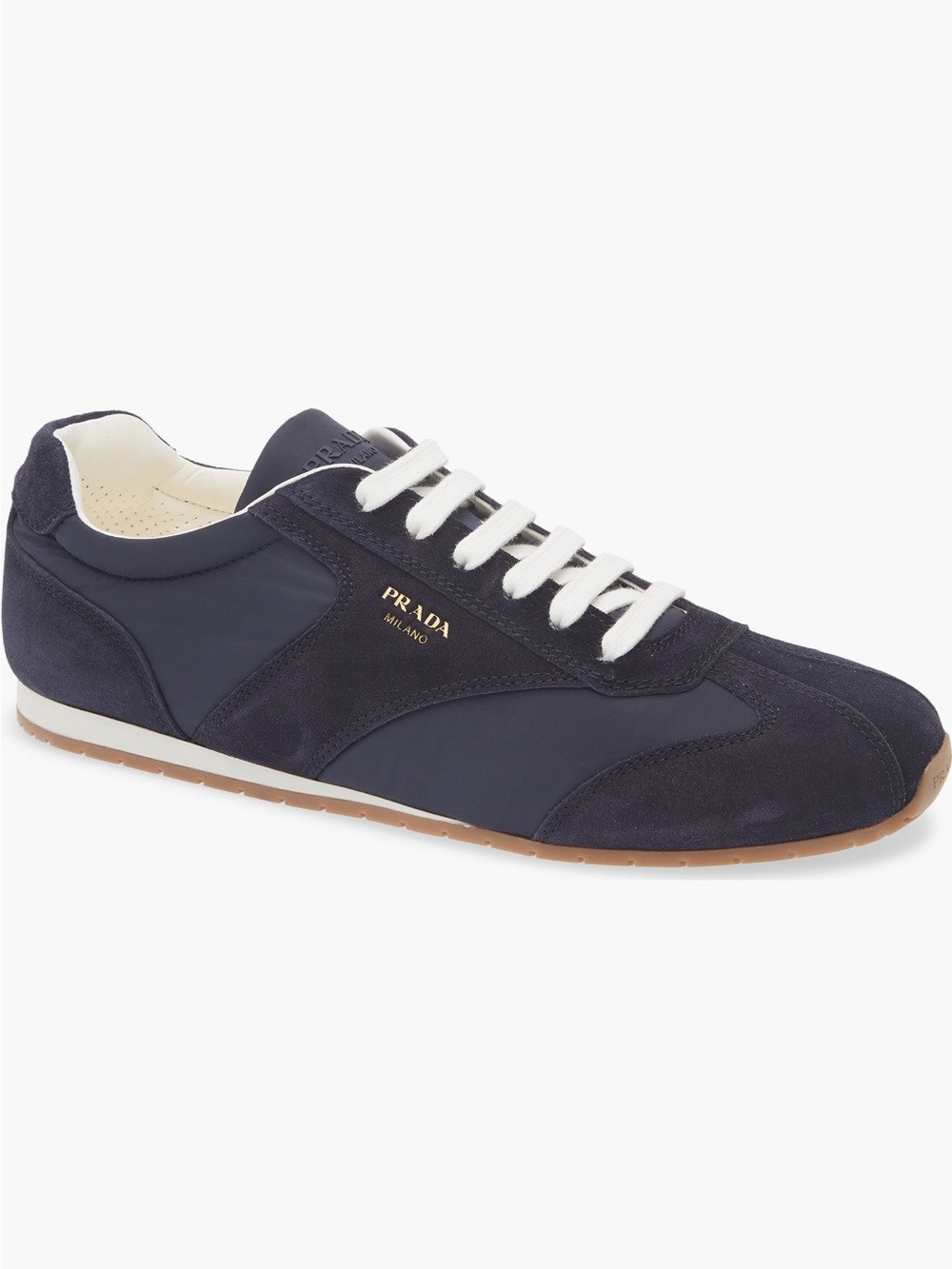 Prada men Navy suede & fabric low-top sneakers gold-tone PRADA MILANO logo 11 13